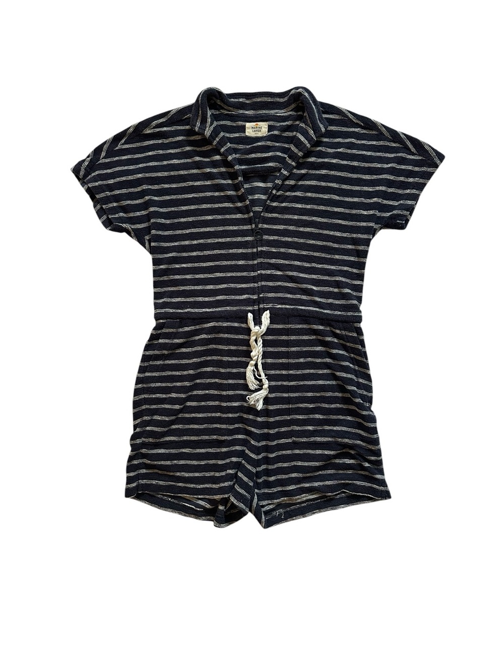 Marine Layer Navy & Gray Striped Short-Sleeve Romper with Rope Tie